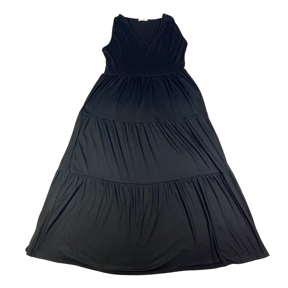 See You Monday Black Ribbed Tiered Maxi Dress Sleeveless V-Neck Large Casual